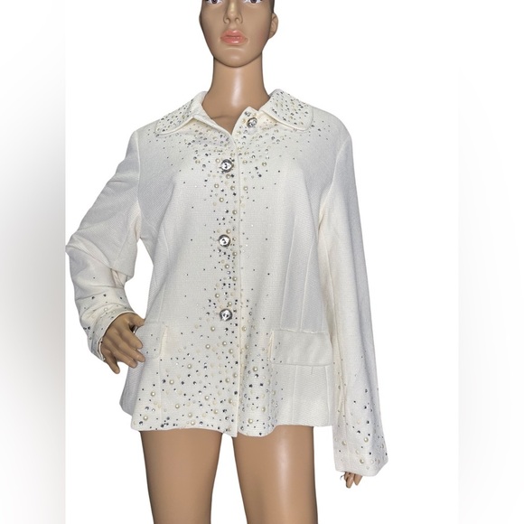 JOAN RIVERS Crystal & Pearl Embellished Cream Long Sleeve Jacket Size Large - Picture 2 of 13